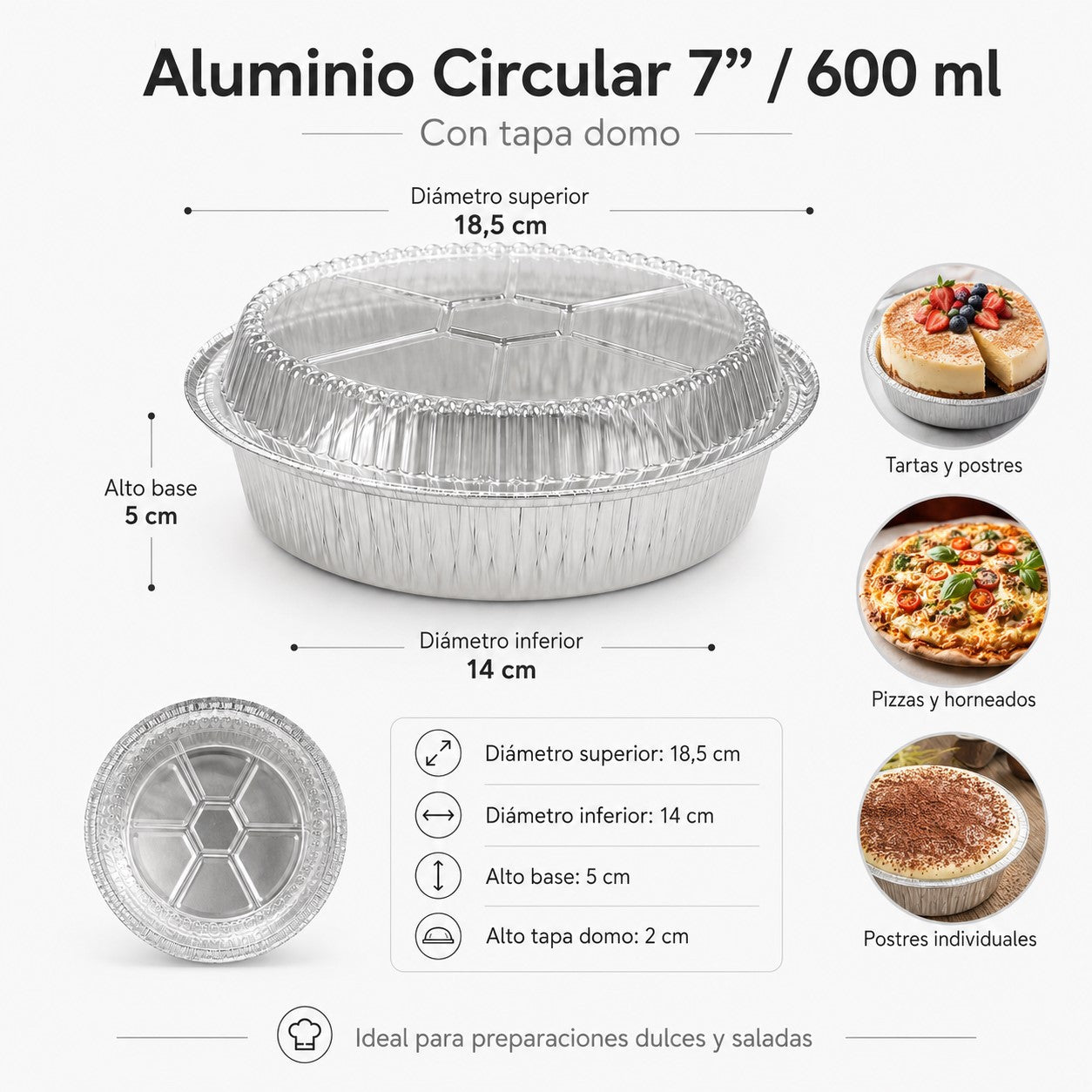Aluminio Circular con Tapa Domo 600ml x125 und