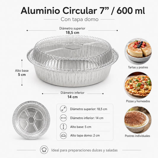 Aluminio Circular con Tapa Domo 600ml x125 und