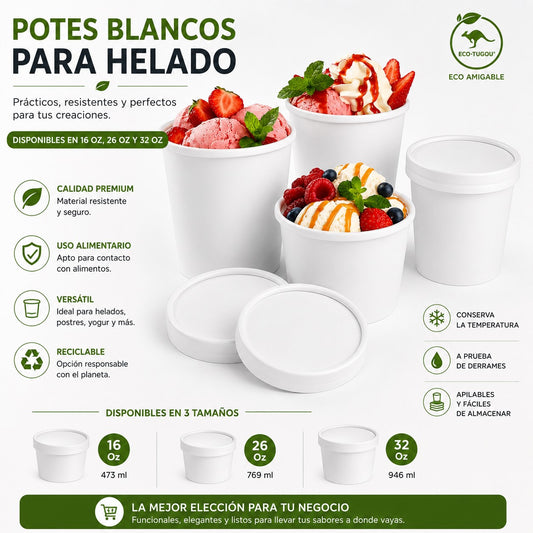Pote Blanco para Helado con Tapa  16 Oz x250 und