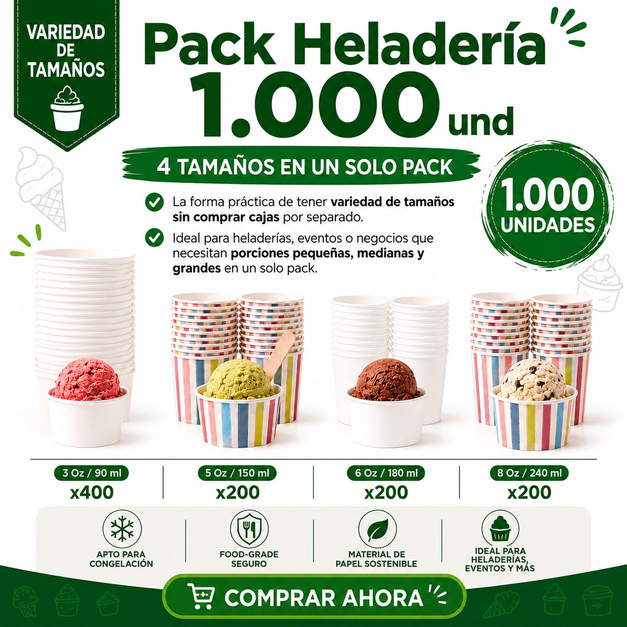 Pack 2 Heladería 1.000 unidades: 3, 5, 6 y 8 Oz