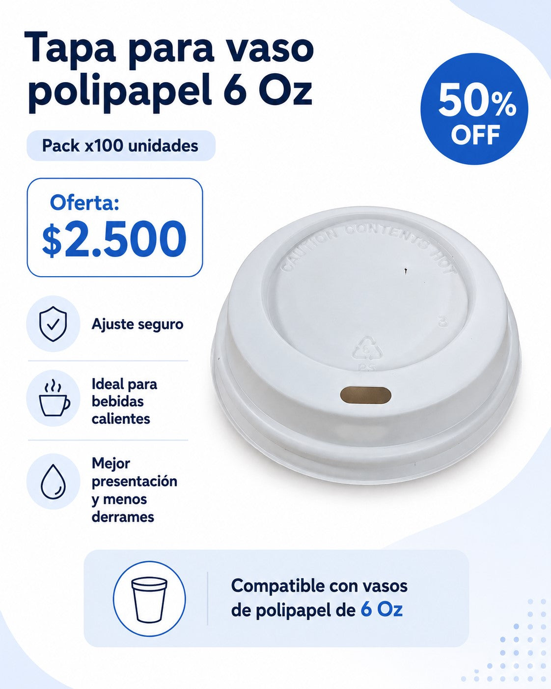 Tapa Blanca Vaso 6 Oz x100 und