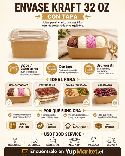 Kraft Rectangular 32 OZ Con Tapa Polipapel x100 und