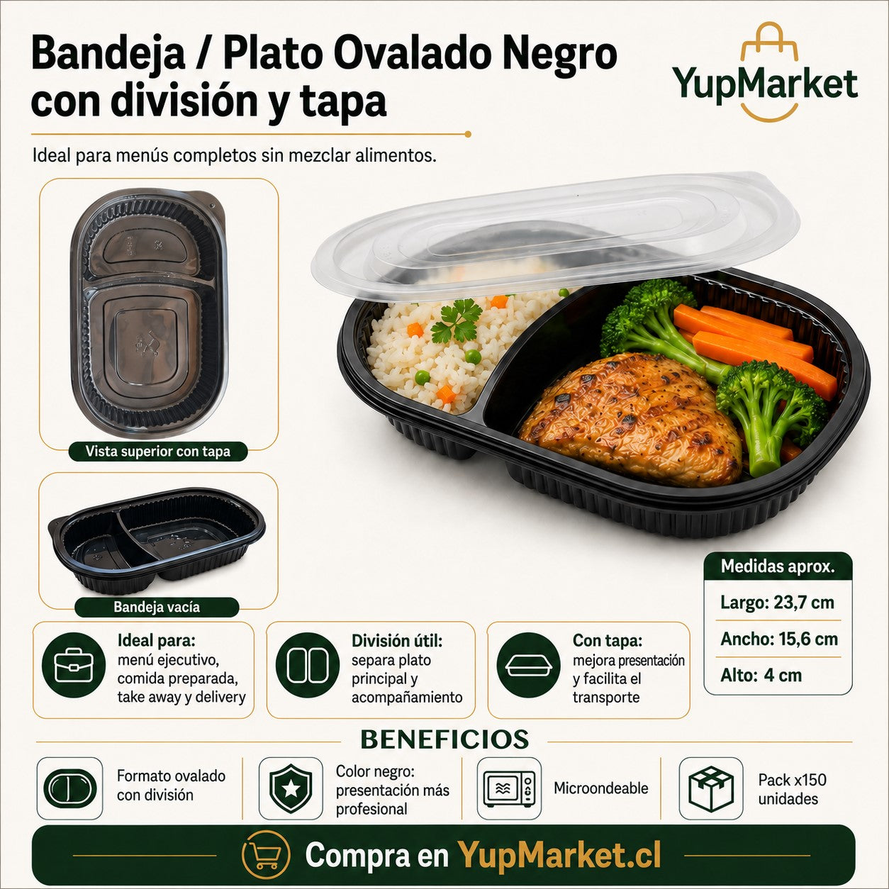 Plato Negro con división con tapa x150 und