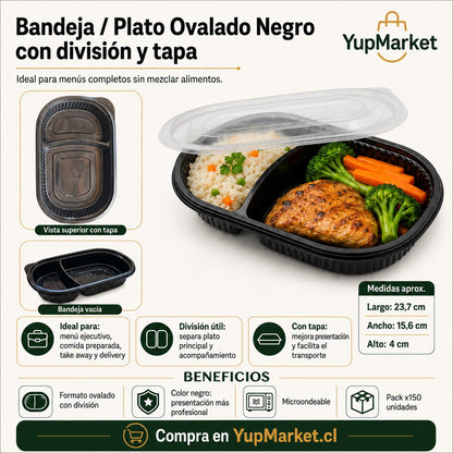 Plato Negro con división con tapa x150 und