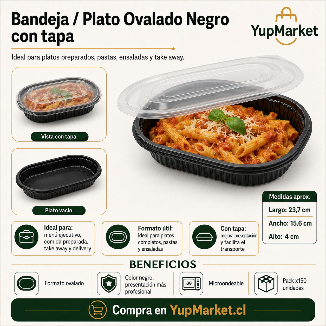 Plato Negro sin división con tapa x150 und