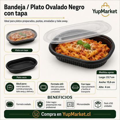 Plato Negro sin división con tapa x150 und