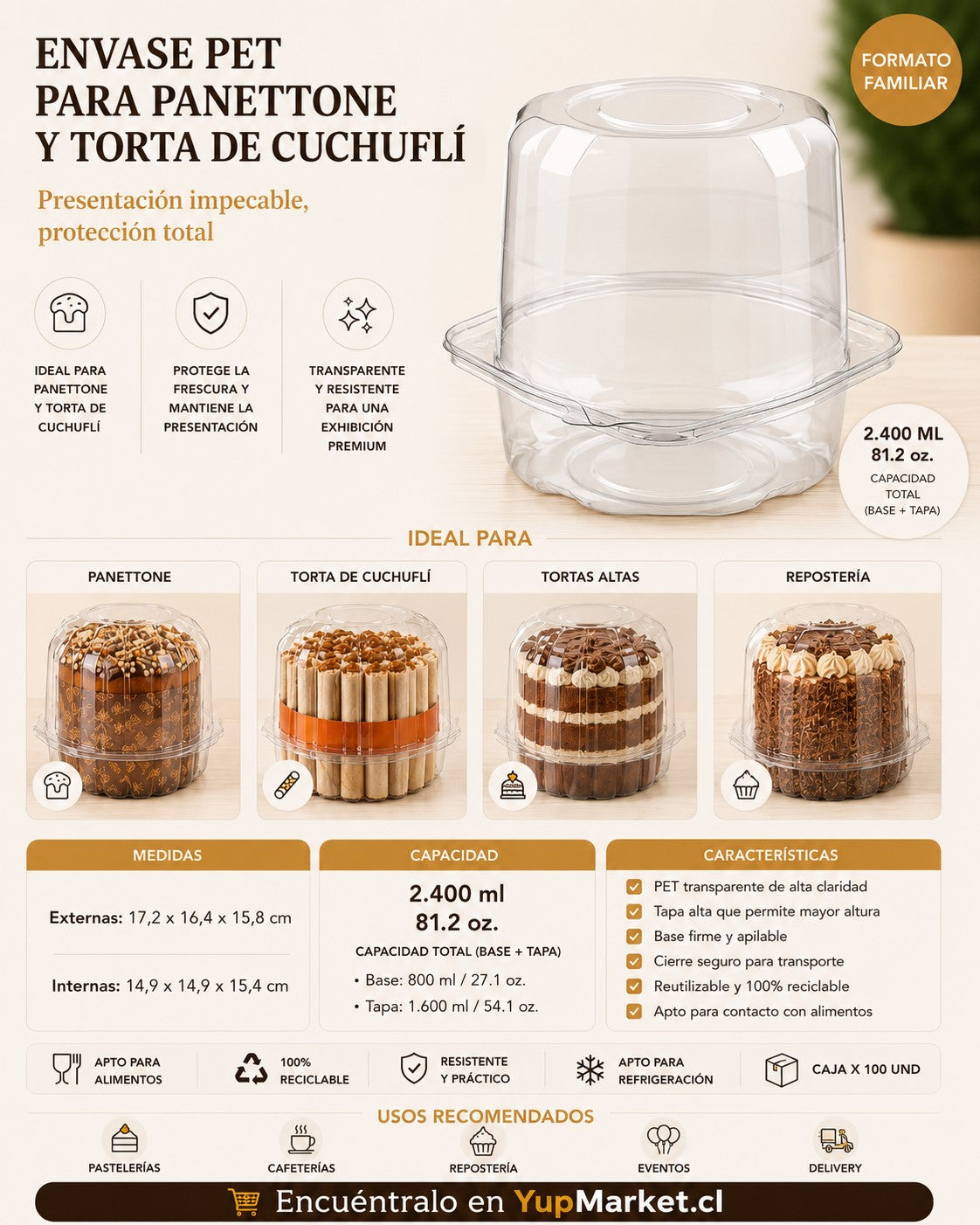 Envase Pet Torta Cuchufli / Panettone x100 und