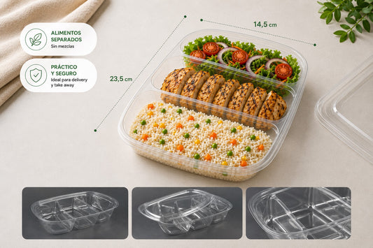 Envase ovalado 3 div. con tapa x100 und
