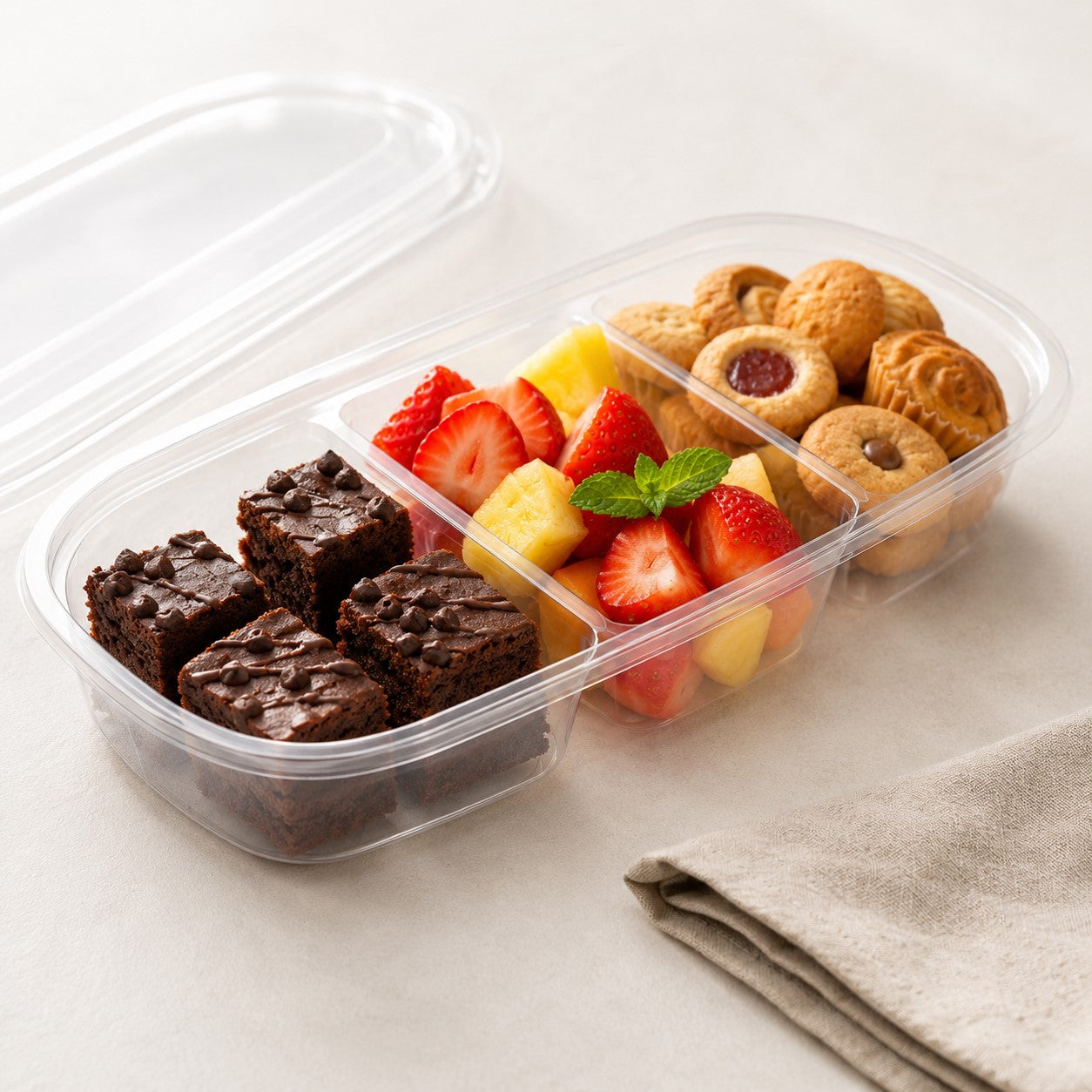 Envase Snack 3 div. con tapa x100 und