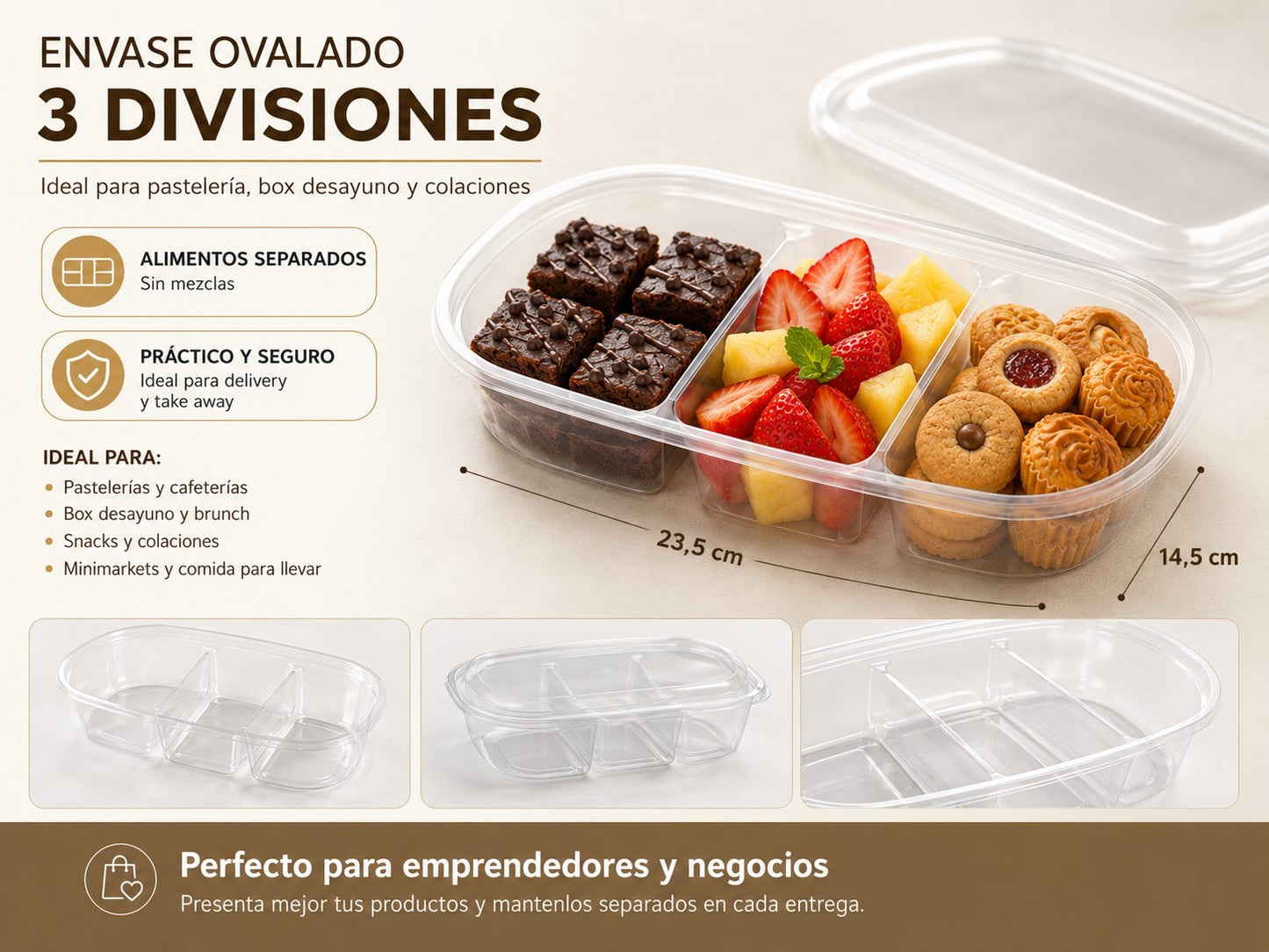 Envase Snack 3 div. con tapa x100 und