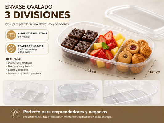 Envase Snack 3 div. con tapa x100 und
