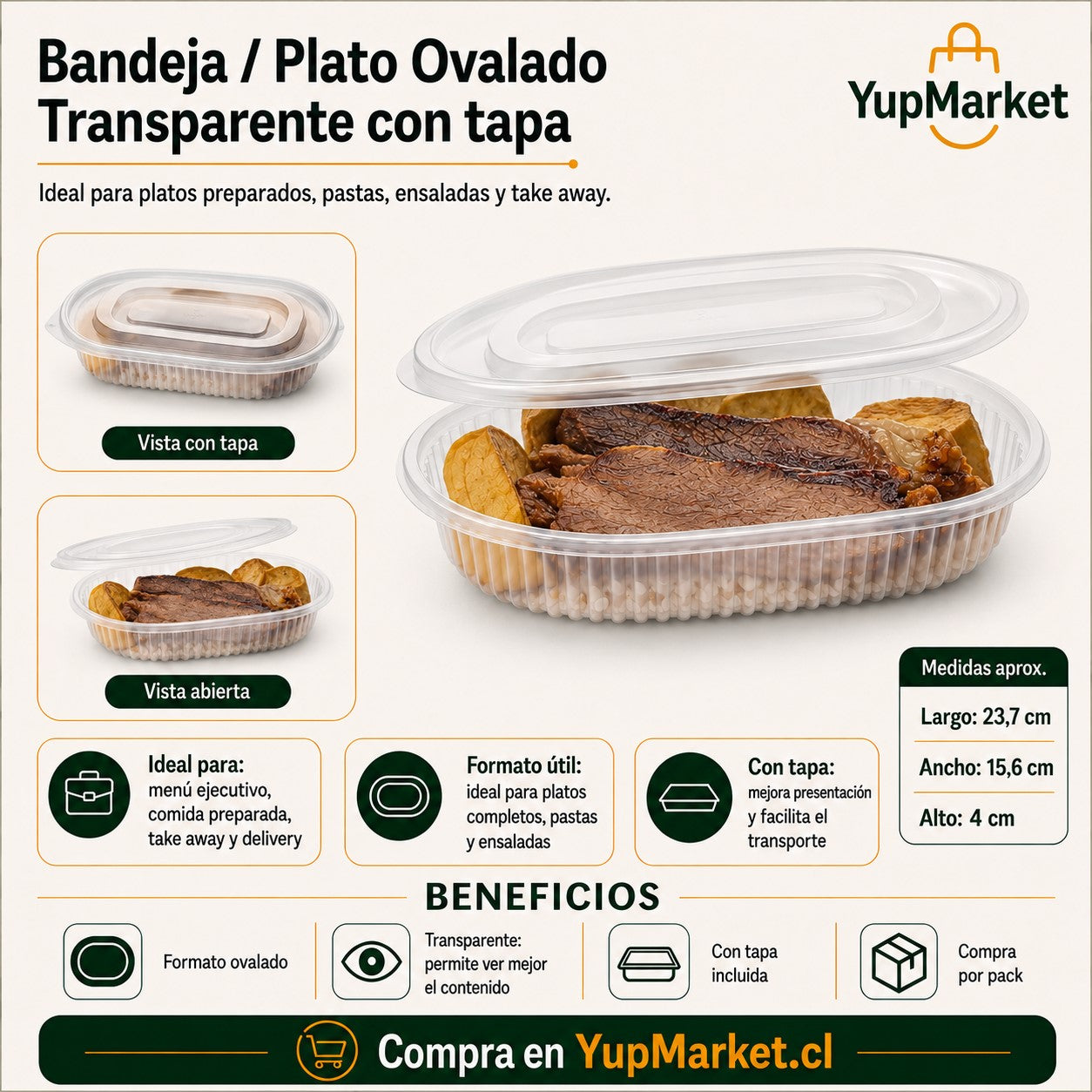 Plato Transparente sin división con tapa x150 und
