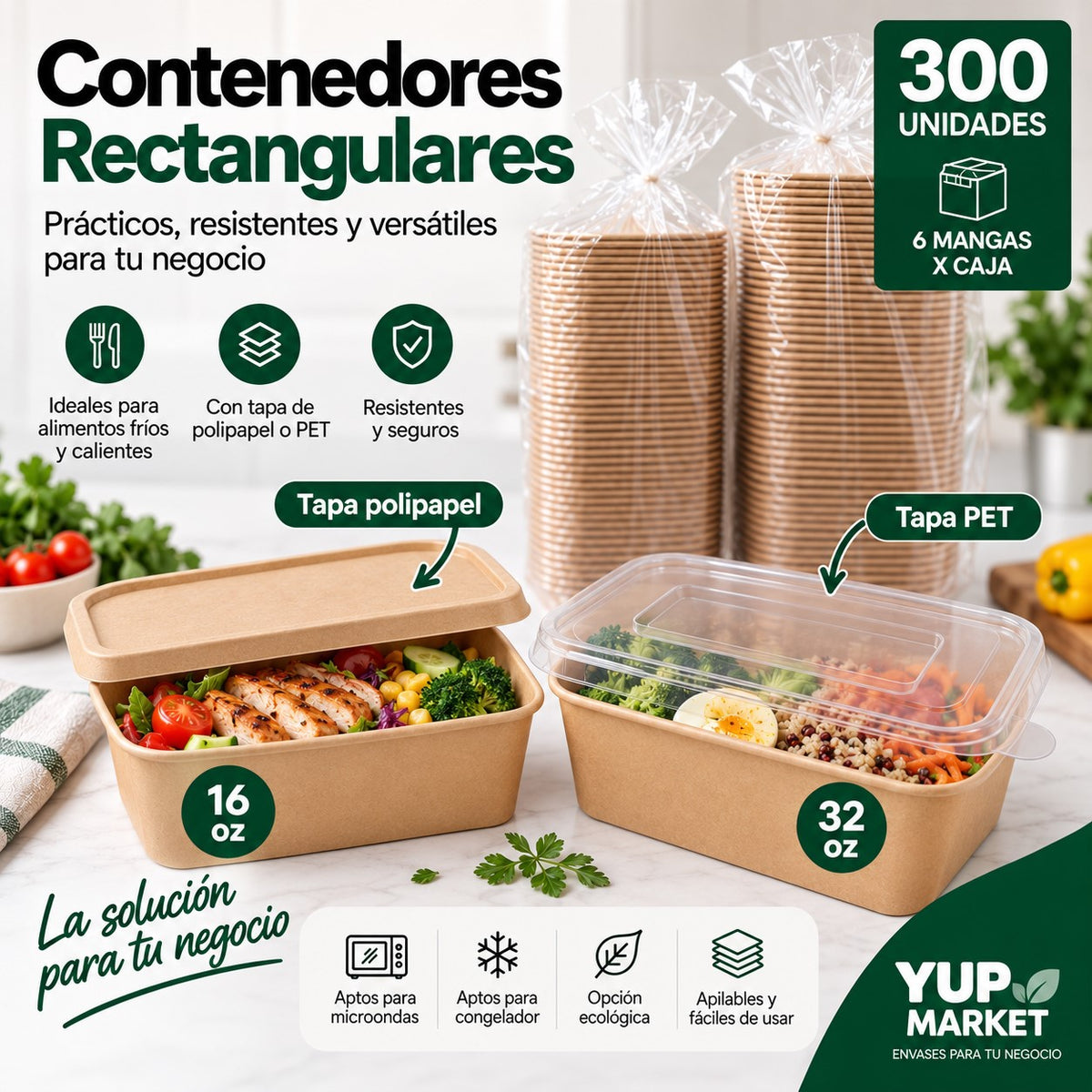 Kraft Rectangular 16 OZ Con Polipapel Pet x300 und