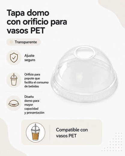 Tapa Domo Con Hoyo Vaso Pet 12 Oz x100 und